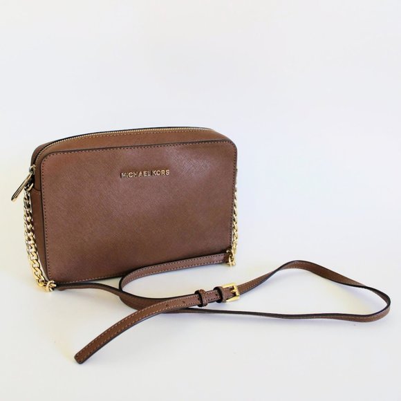 Michael Kors Brown/Tan Jet Set Large Saffiano Leather Crossbody Bag - Picture 8 of 12